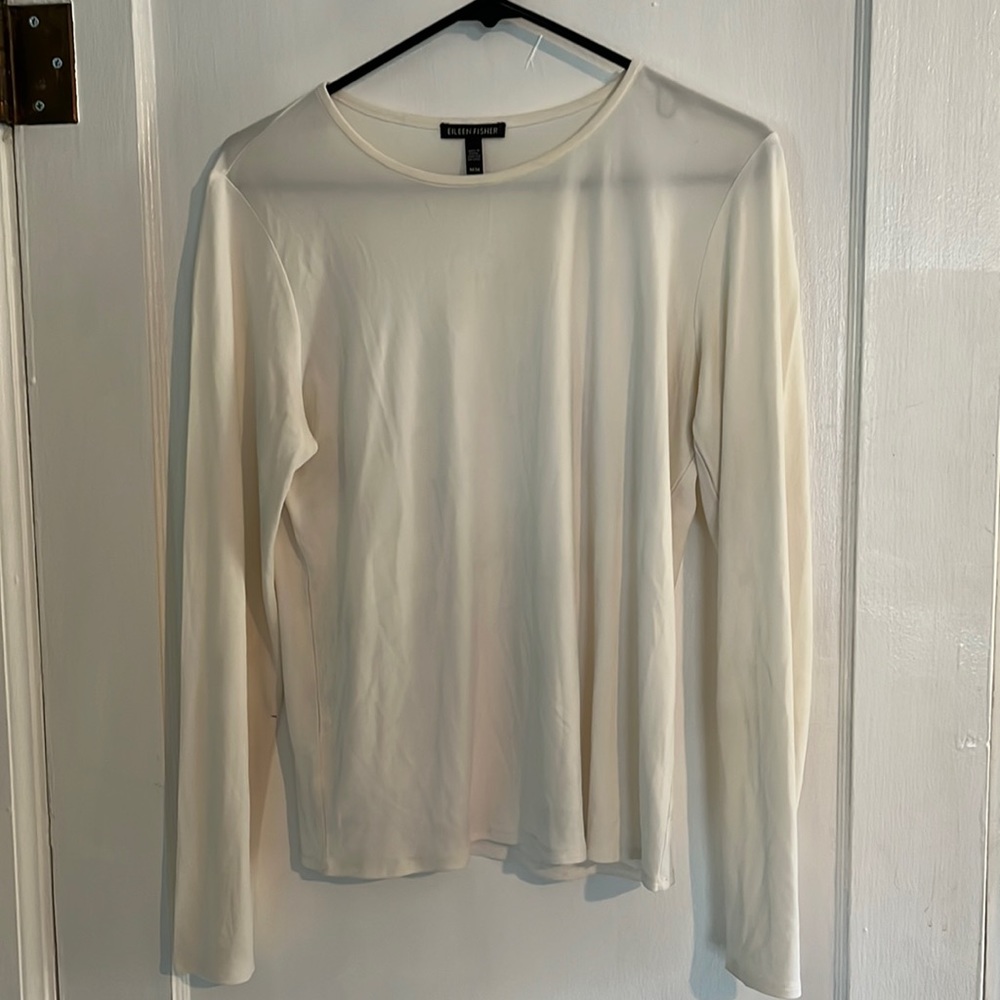 Silk, cream, long sleeve shirt.